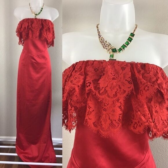 Lovers + Friends NWT Sylvia Red Satin & Lace Strapless Gown - Picture 6 of 11